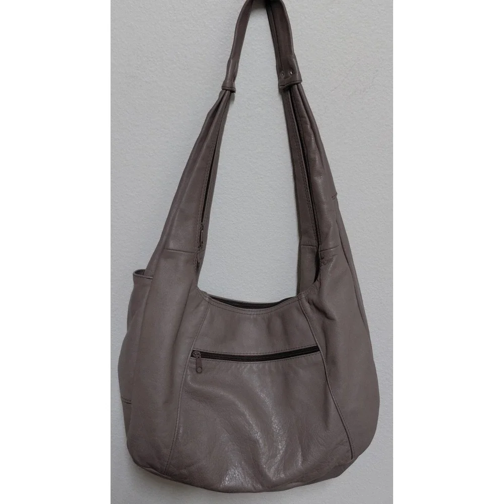 Vintage Genuine Leather Hobo Bag Taupe Gray Slouch Shoulder Purse Made in Mexico